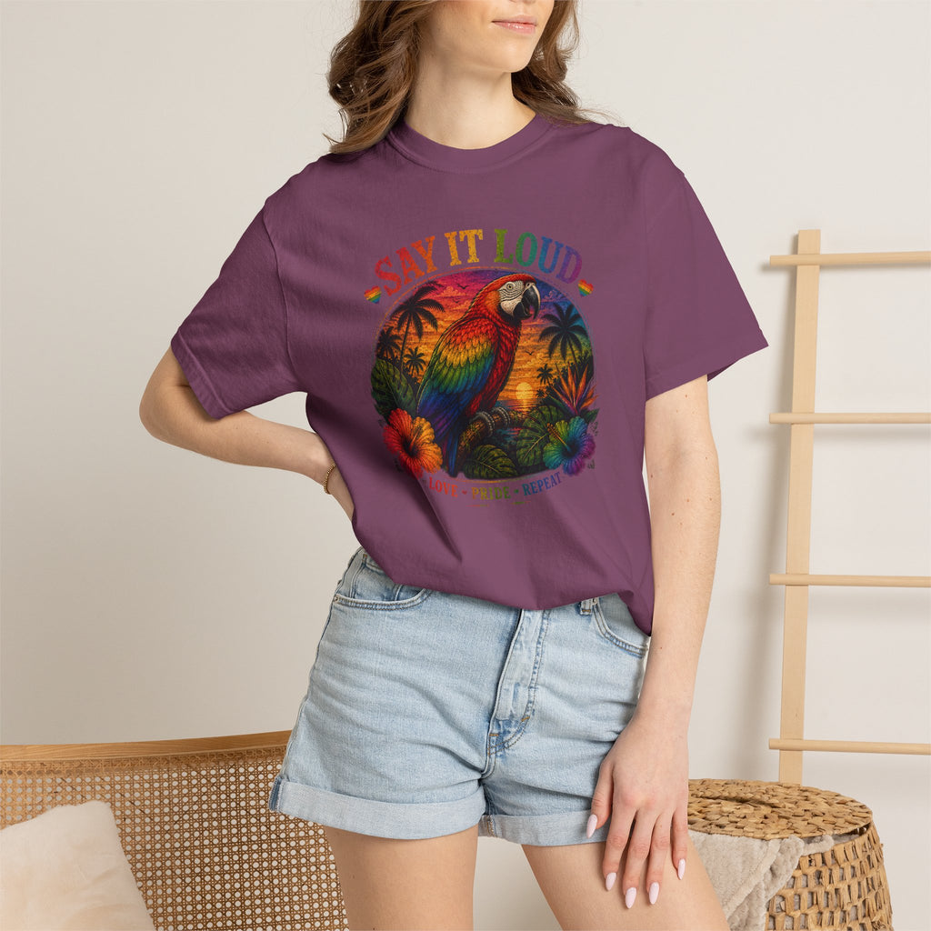 Say It Loud Parrot T-Shirt — Tropical Pride "Love • Pride • Repeat"
