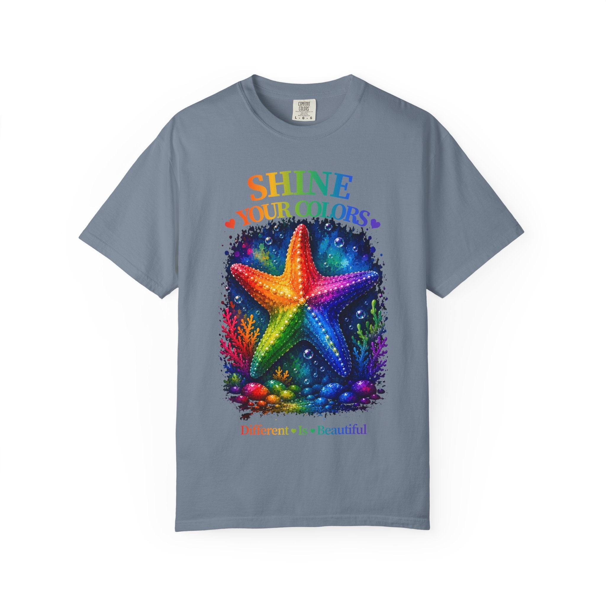 Shine Your Colors Starfish T-Shirt — "Different is Beautiful" Rainbow Ocean Tee