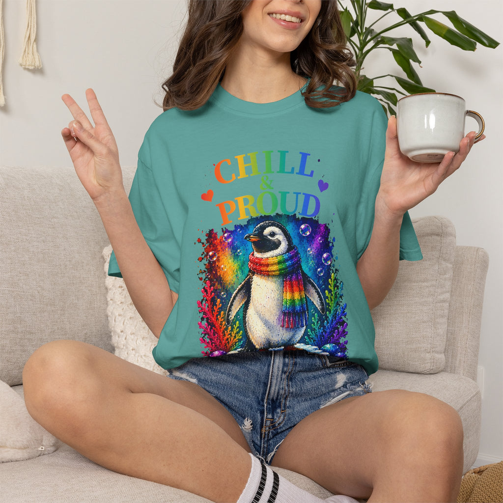Chill & Proud Penguin T-Shirt — Rainbow LGBTQ+ Pride Tee (Love Knows No Rules)