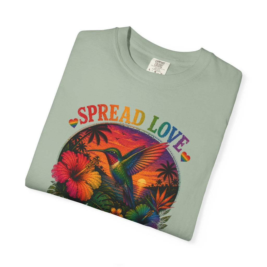 Spread Love T-Shirt — Retro Hummingbird Sunset Floral Tee (Be Kind • Be Proud • Be You)