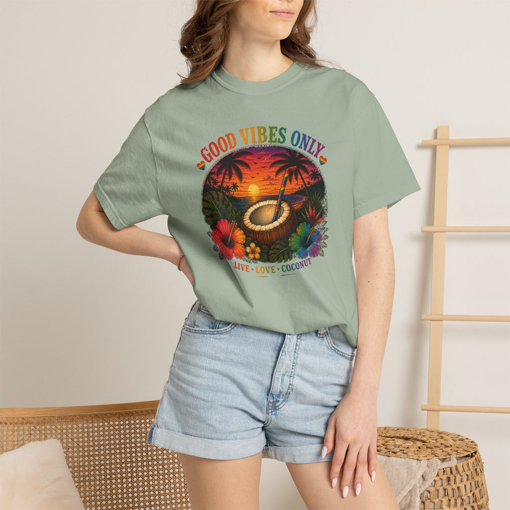 Good Vibes Only T-Shirt — Tropical Sunset Coconut Beach Tee