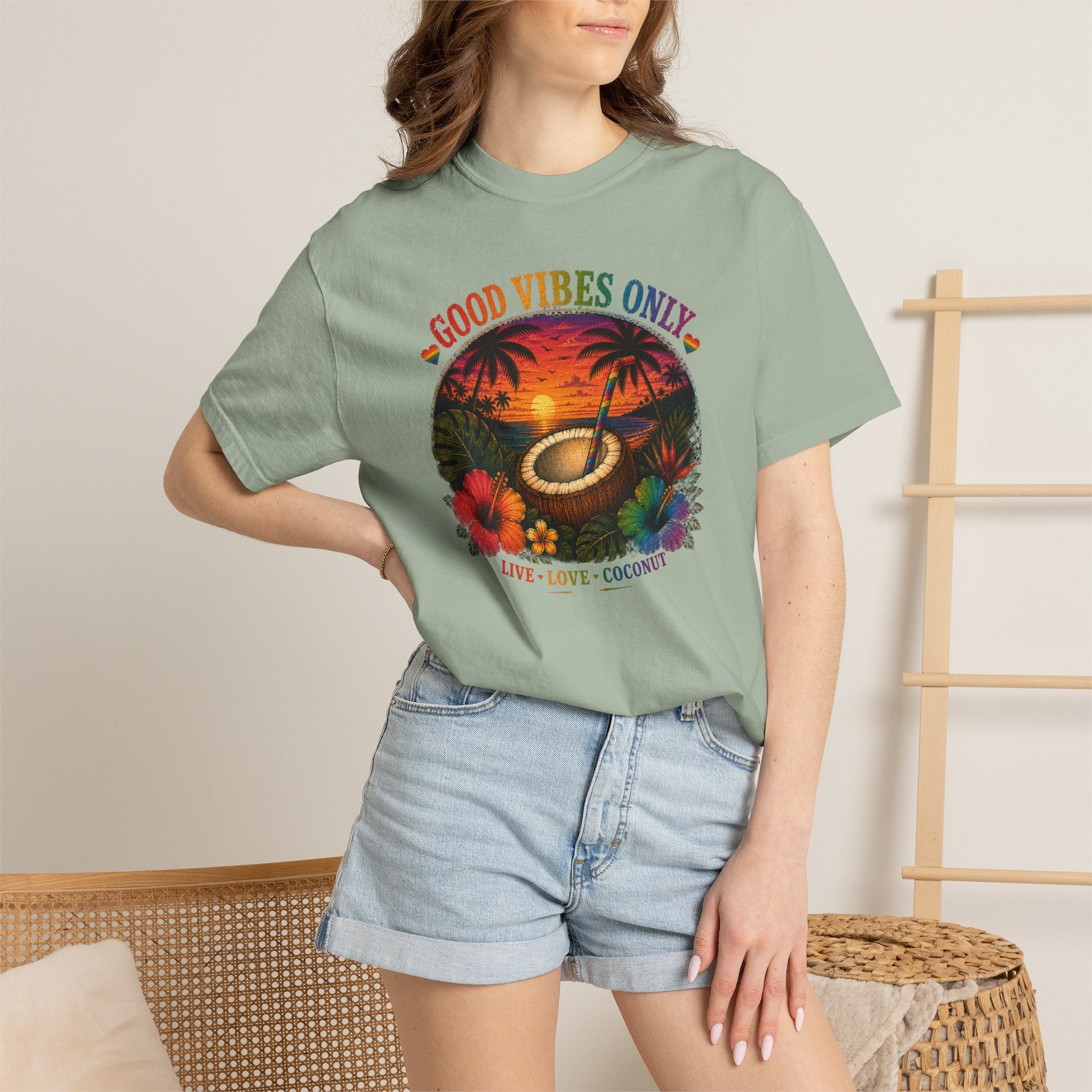 Good Vibes Only T-Shirt — Tropical Sunset Coconut Beach Tee