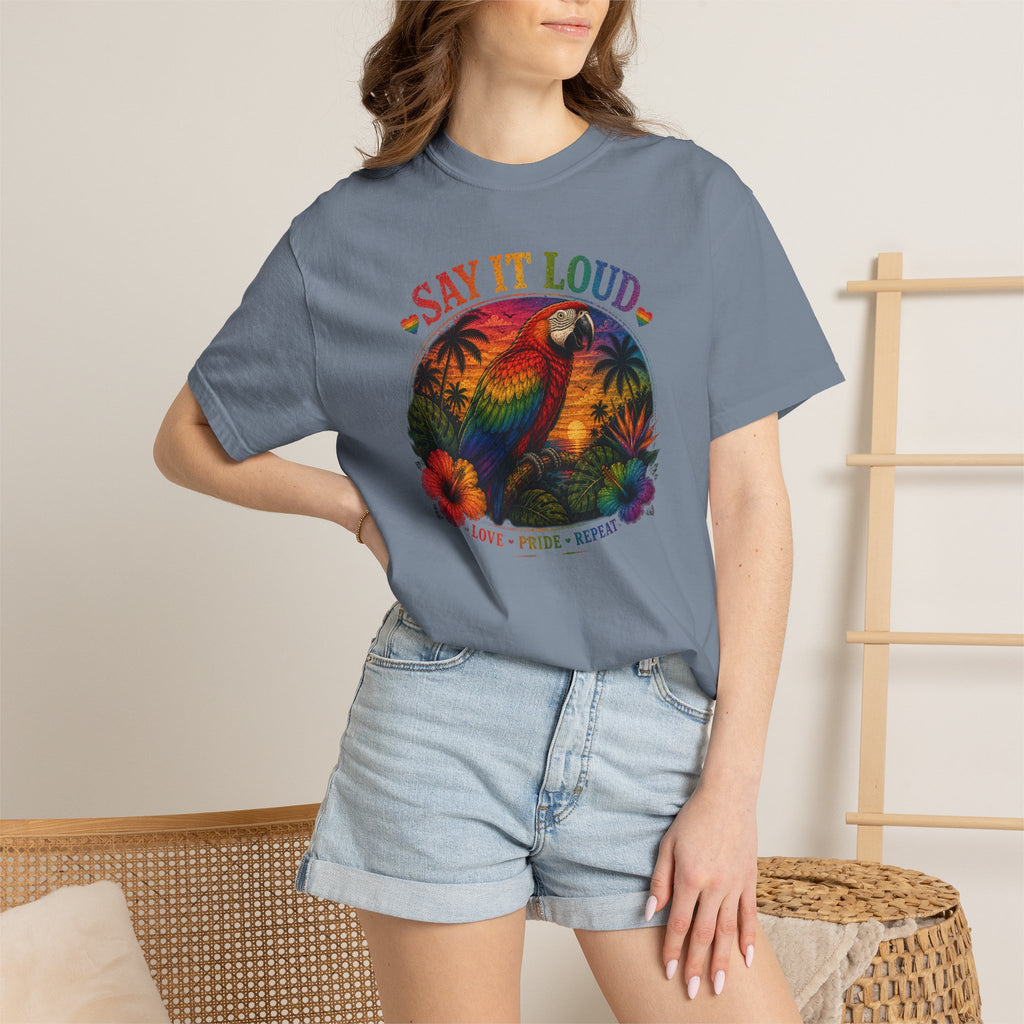 Say It Loud Parrot T-Shirt — Tropical Pride "Love • Pride • Repeat"