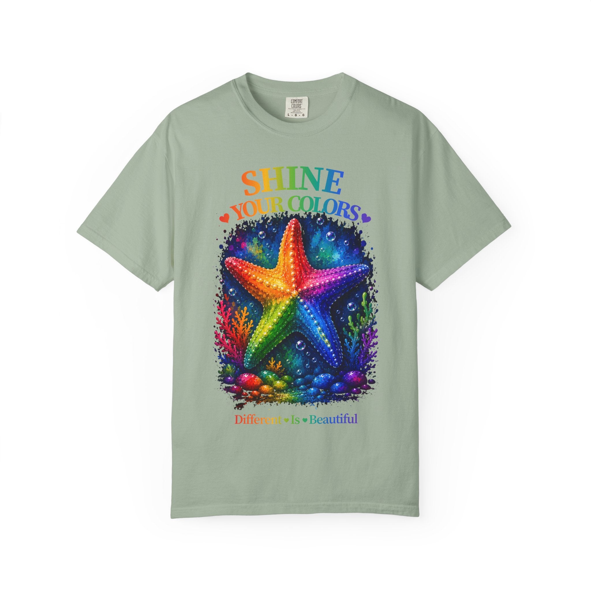 Shine Your Colors Starfish T-Shirt — "Different is Beautiful" Rainbow Ocean Tee